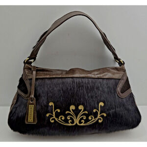 NICOLI Brown Leather Pony Hair Fur Hobo Shoulder Bag Hand Painted Made in Italy